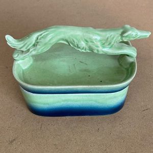 Ramses Germany 20s Art Deco Dog Ceramic Trinket Box. Green/Blue